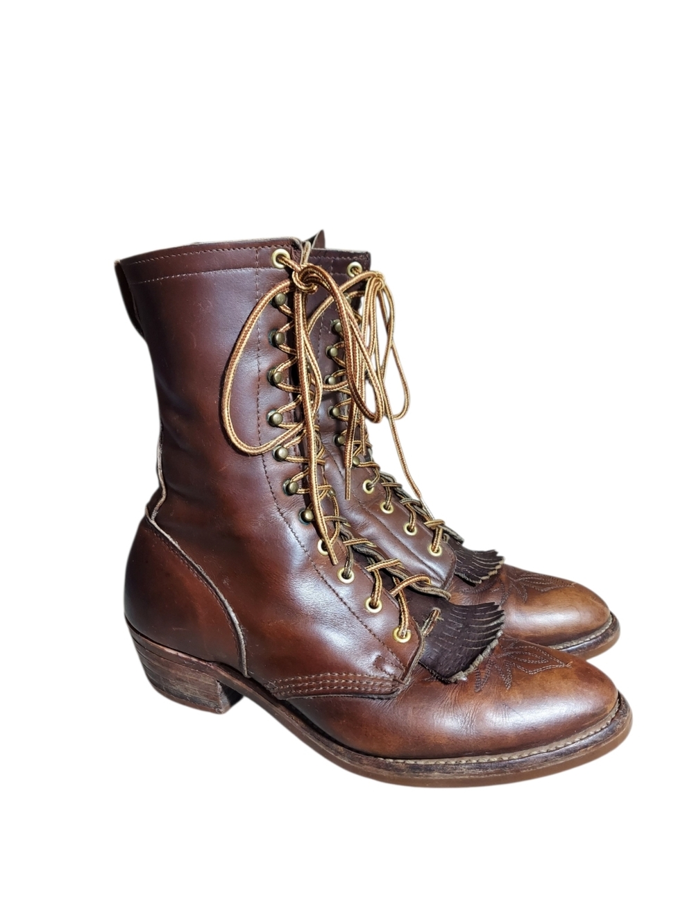 Vintage Leather Lace Up Boots Kiltie Fringe Brown Heritage Workwear Mens 8.5D